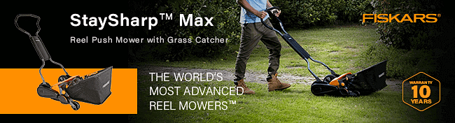 Fiskars Staysharp Max Reel Push Hand Cylinder Lawnmower with Grass Catcher