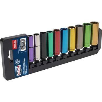 Sealey 10 Piece 3/8" Drive Coloured Deep HeX WallDrive Socket Set Metric