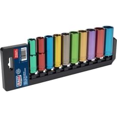 Sealey 10 Piece 1/2" Drive Coloured Deep Hex WallDrive Socket Set Metric Sealey 10 Piece 1/2" Drive Coloured Deep Hex WallDrive Socket Set Metric