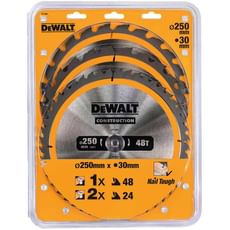 DeWalt 3 Piece 250mm Construction Circular Saw Blade Set DeWalt 3 Piece 250mm Construction Circular Saw Blade Set