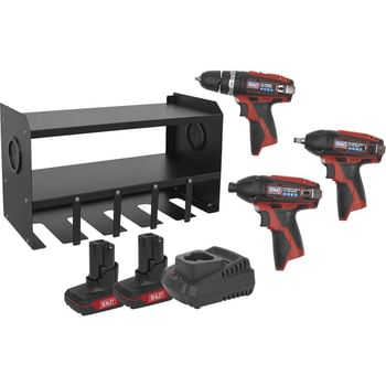 Sealey 12v Cordless 3 Piece Power Tool Kit and Storage Rack
