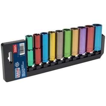Sealey 10 Piece 1/2" Drive Coloured Deep Hex WallDrive Socket Set Metric