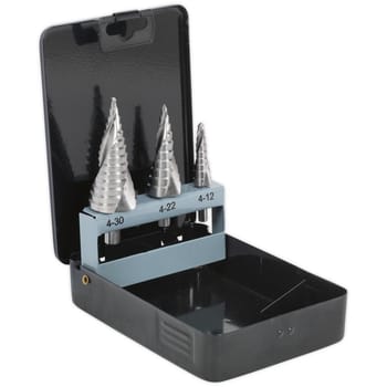 Sealey 3 Piece Spiral Fluted HSS Step Drill Bit Set