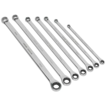 Sealey 7 Piece Extra Long Ratchet and Fixed Ring Spanner Set