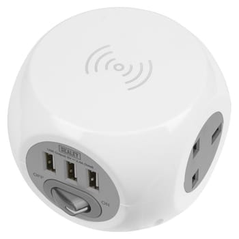 Sealey Cable Extension Cube with Wireless Charging and USB Sockets